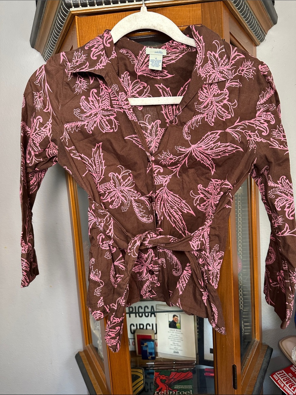 Odille Brown Y2K Wrap Blouse with Pink Floral Motif